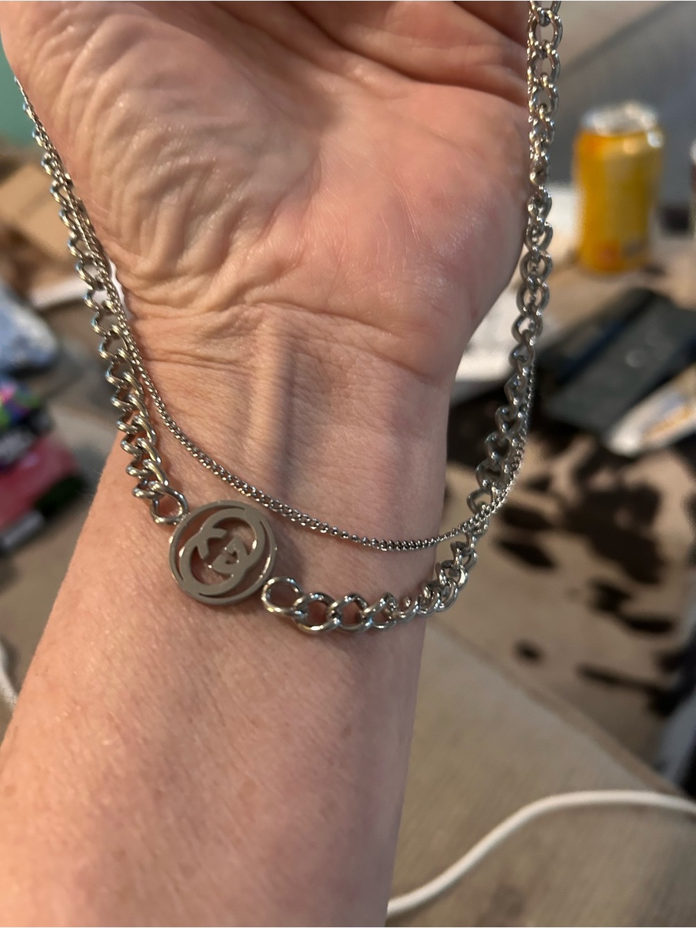 Silver-Tone Double Chain Necklace with Logo Pendant, NEW stainless - Picture 5 of 5